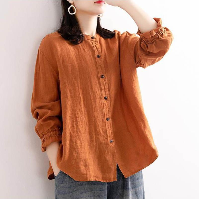 Cotton Linen Shirt Literary and Retro Style Women's Loose Round Neck Shirt Casual Thin Coat Close-up Sleeve Top Spring and Autumn