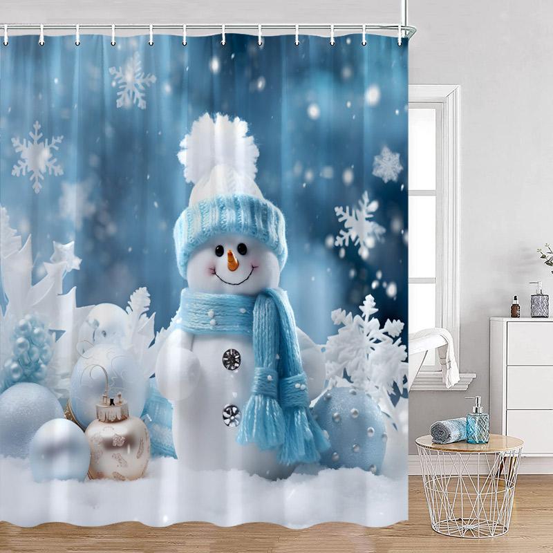 Funny Christmas Shower Curtain Red Santa Claus Cute Blue Snowman Winter Forest Landscape Cloth Home Bathroom Decor Bath Curtains