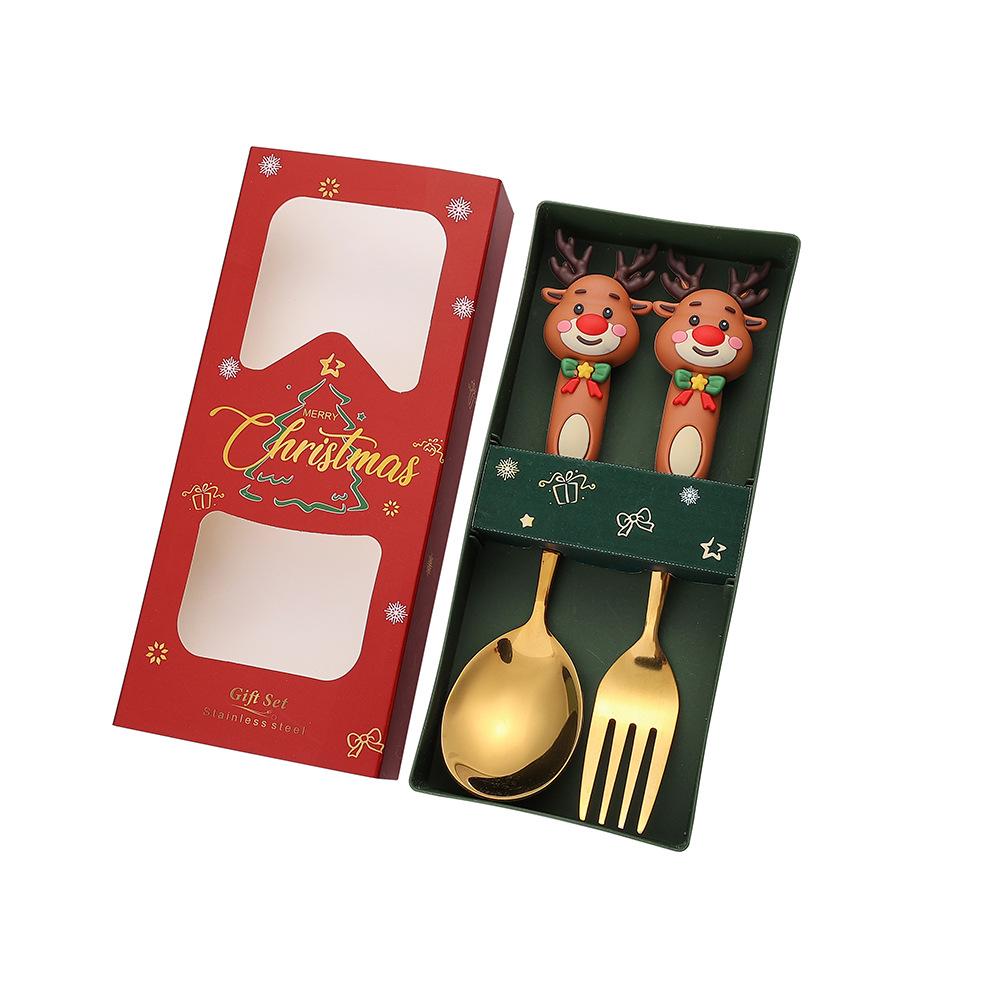 Christmas, Stainless Steel Spoon and Fork Set Santa Spoon Fruit Fork Tableware Gift Box