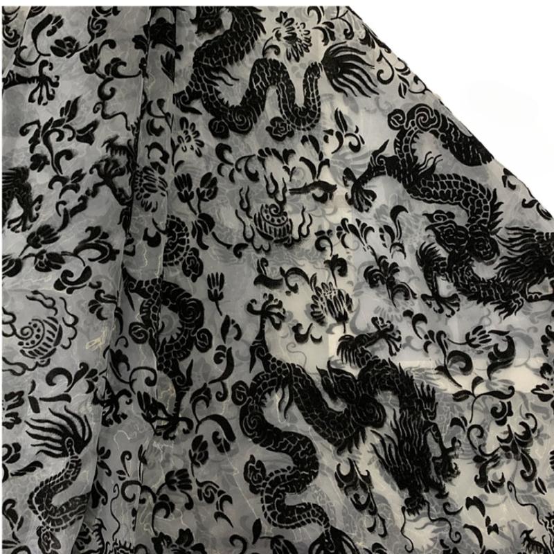 1yard Dragon Pattern Organza Flocking Fabric Flocked Yarn Gauze Fabrics for Chinese Style Material Dress Cheongsam Hanfu Scarf