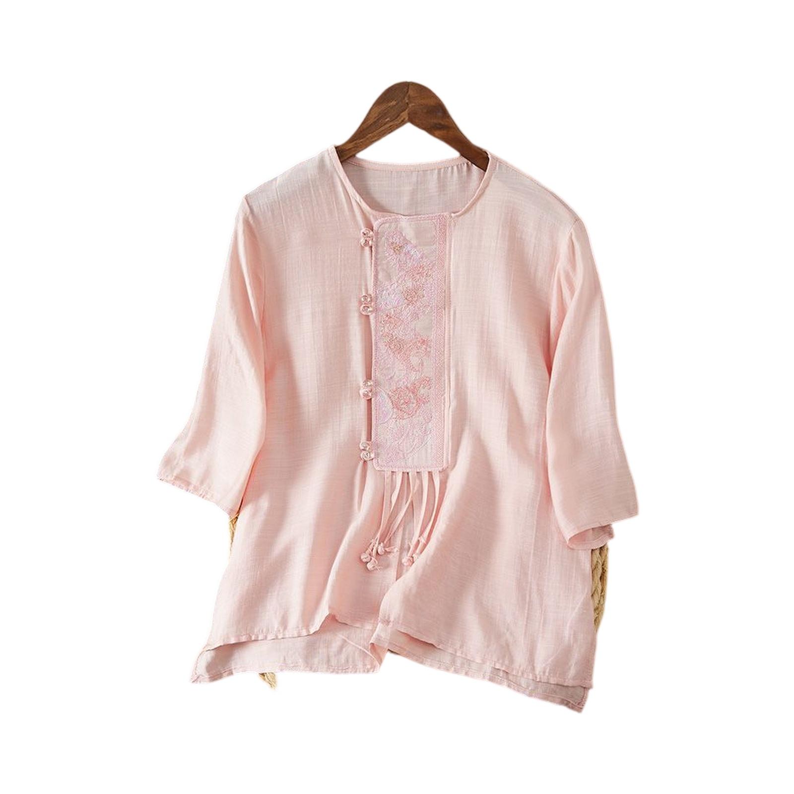 

Модный женский хлопково-льняной пуловер с короткими рукавами и вышивкой, свободный крой, стройнящий, универсальная хлопково-льняная футболка. M розовый