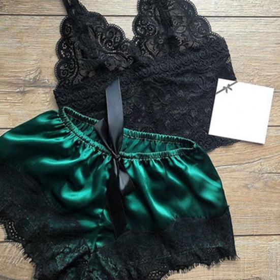 2 Pcs/Set Lady Pajamas Satin Bow Sleeveless Crop Top See-Through Lace Patchwork