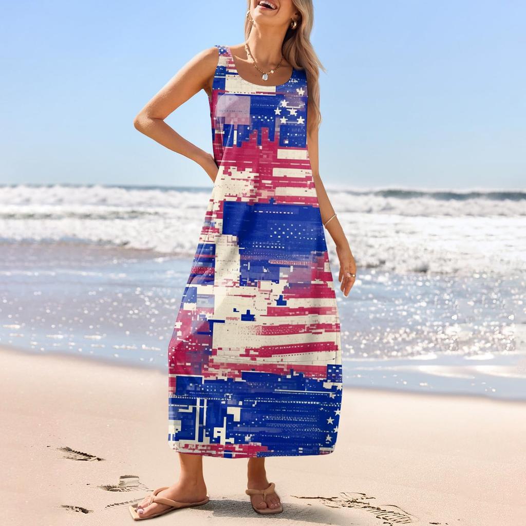 Women's Casual Long-length Sundress Summer Beach Dress Round Neck Sleeveless Loose Sundress