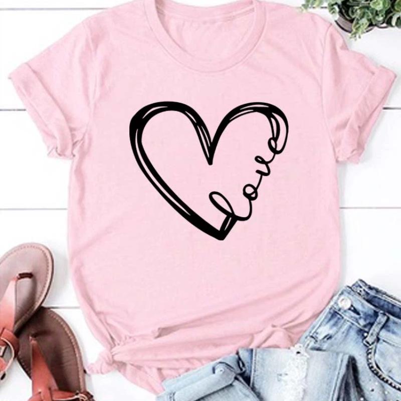 Love Heart Printed Trend Women Fashion Clothing Graphic T-shirts Clothes Print Female Shirt Short Sleeve Lady Casual Tee