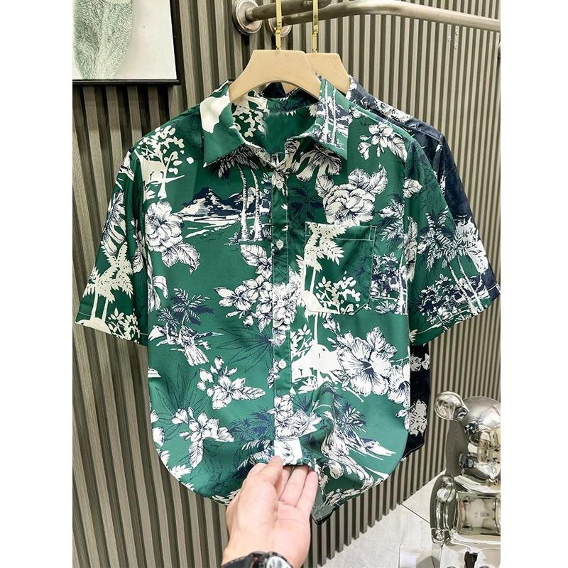 Men Clothing Summer Trendy Floral Print Hawaii Holiday Beach Shirt Casual Lapel Short Sleeve Pocket Loose Tops Camisa Masculina