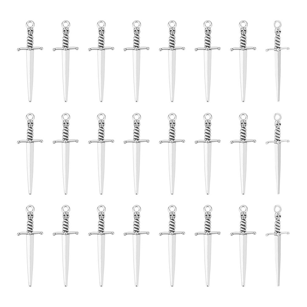 40Pcs Tibetan Style DIY Alloy Sword Weapon Big Pendants Antique Silver 58x18x5mm Hole: 3mm