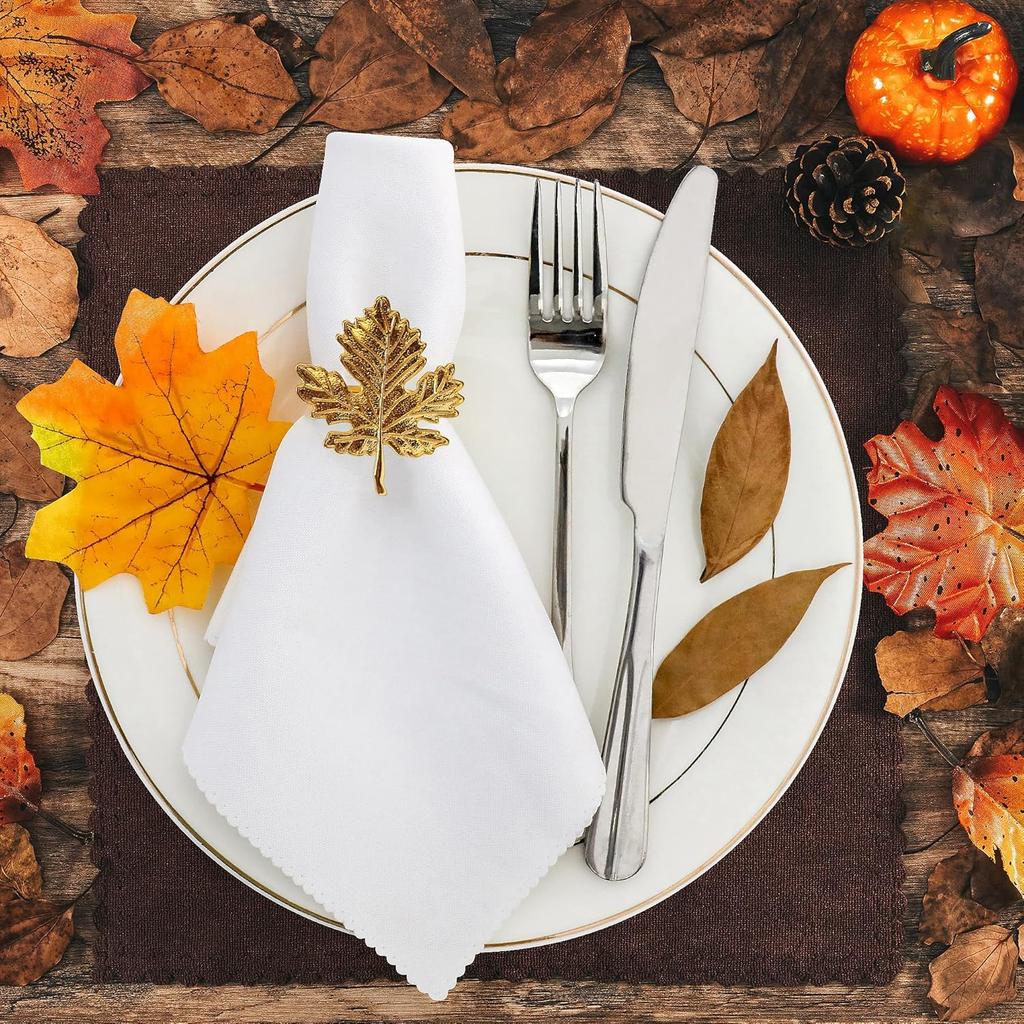 6Pcs/Set Gold Fall Leaf Napkin Rings Vintage Alloy Napkin Holders for 2025 New Year, Thanksgiving, Wedding, Winter, Christmas