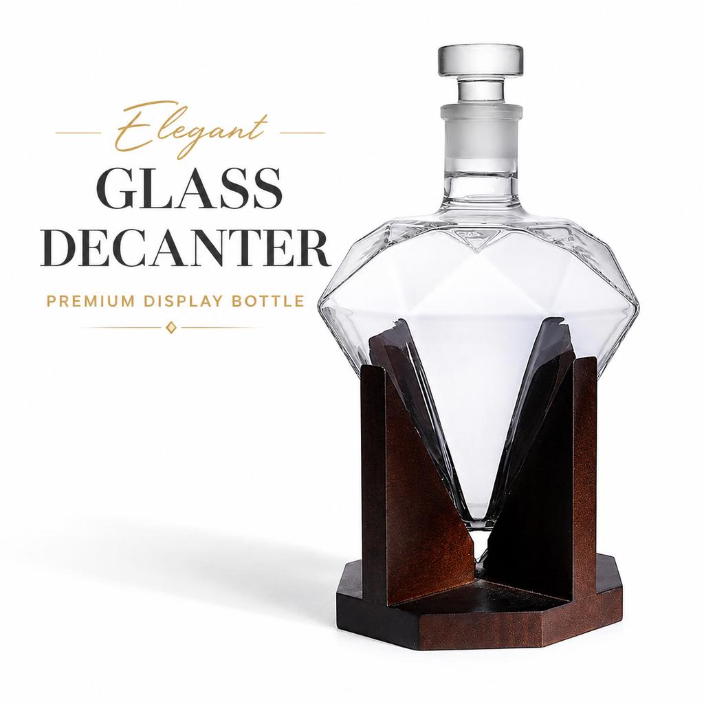 Diamond Shape Glass Decanter with Wooden Stand, Whiskey Liquor Bottle with Glass Stopper for Home Bar Decor