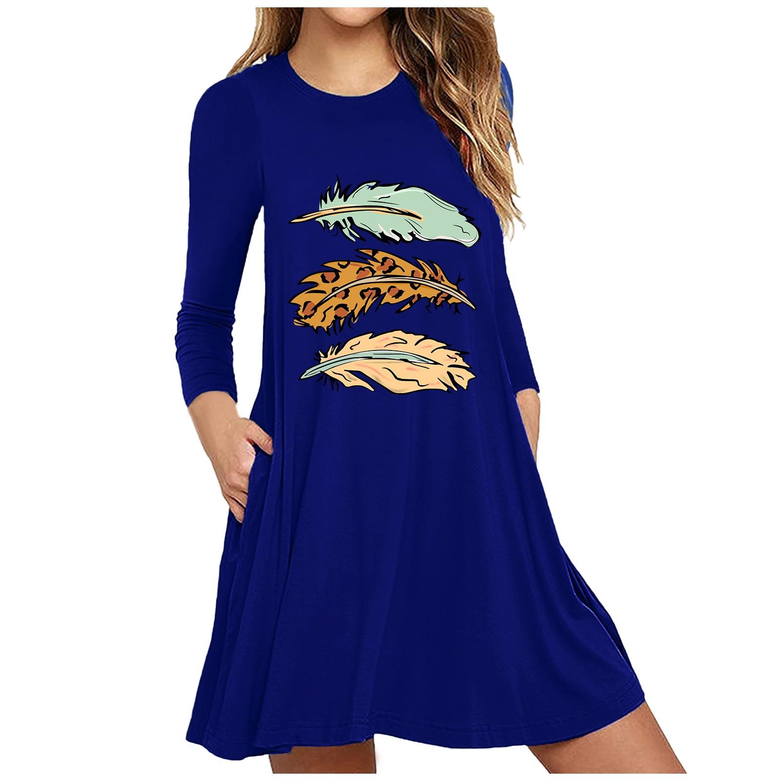 

Ladies casual feather print long-sleeved raglan color block dress S синій