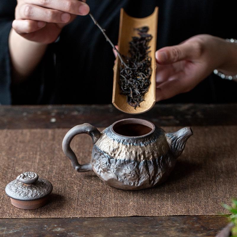 200ml Vintage Coarse Pottery Teapot with Gilded Tree Stump Design for Home Use Kung Fu Tea Set