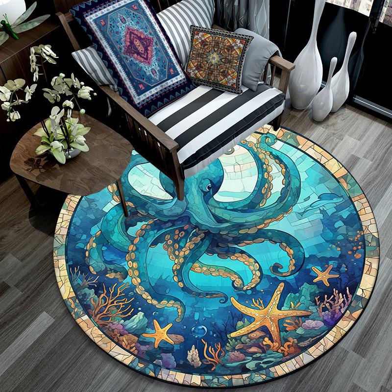 Octopus and Starfish Round Area Rug,Carpet Rug for Living Room Bedroom Sofa Playroom Decor,Non-slip Floor Mat