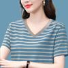 Sommer V-Ausschnitt Oberteil Baumwolle Gestreift Kurzarm T-Shirt Damen Locker T-Shirt