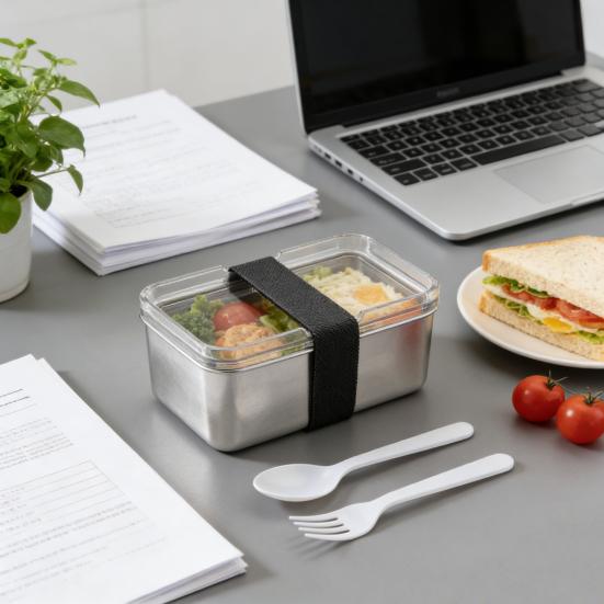Nerezový obědový box s průhledným víkem Vhodný do mikrovlnné trouby a myčky Nádoba na přípravu jídla odolná proti vytečení Přenosný bento box do kanceláře školy