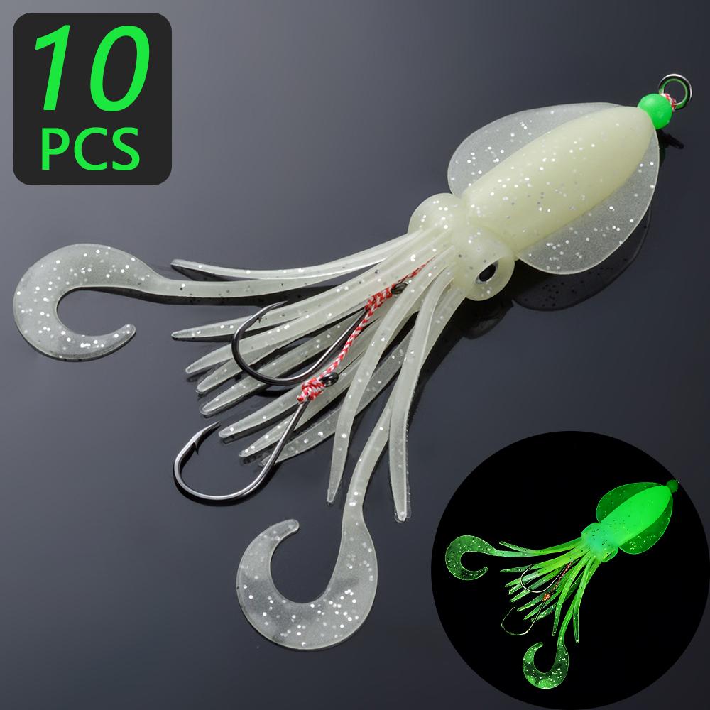 FTK 1/3/5/10pcs Saltwater Squid Lure Set, 5.83inch (approx. 14.8 Cm) Glow-in-the-dark Lure, Includes 2 X 6/0 Hooks with Squid-mimicking Lure