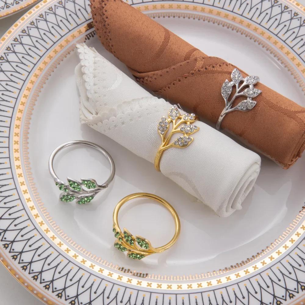 6-48PC High-End Metal Napkin Rings Diamond Pattern Leaf Motif Decorative Clips for Wedding Banquet Hotel Table Settings