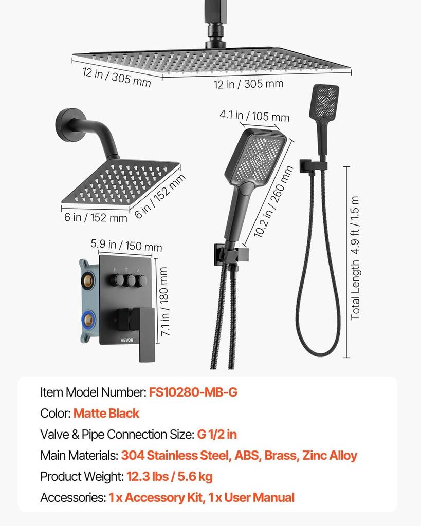 Shower Faucet Set, 305 mm Ceiling Mount Rainfall Shower System with 152 mm Wall Mount Head and 4 in 1 Handheld Spray, Rotatable 3-Function Dual Rain