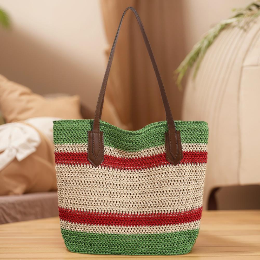 

Летняя пляжная сумка для женщин, большая вместимость, плетеная сумка-хобо, цветная полосатая сумка через плечо для путешествий, шопинга и отдыха зелёный