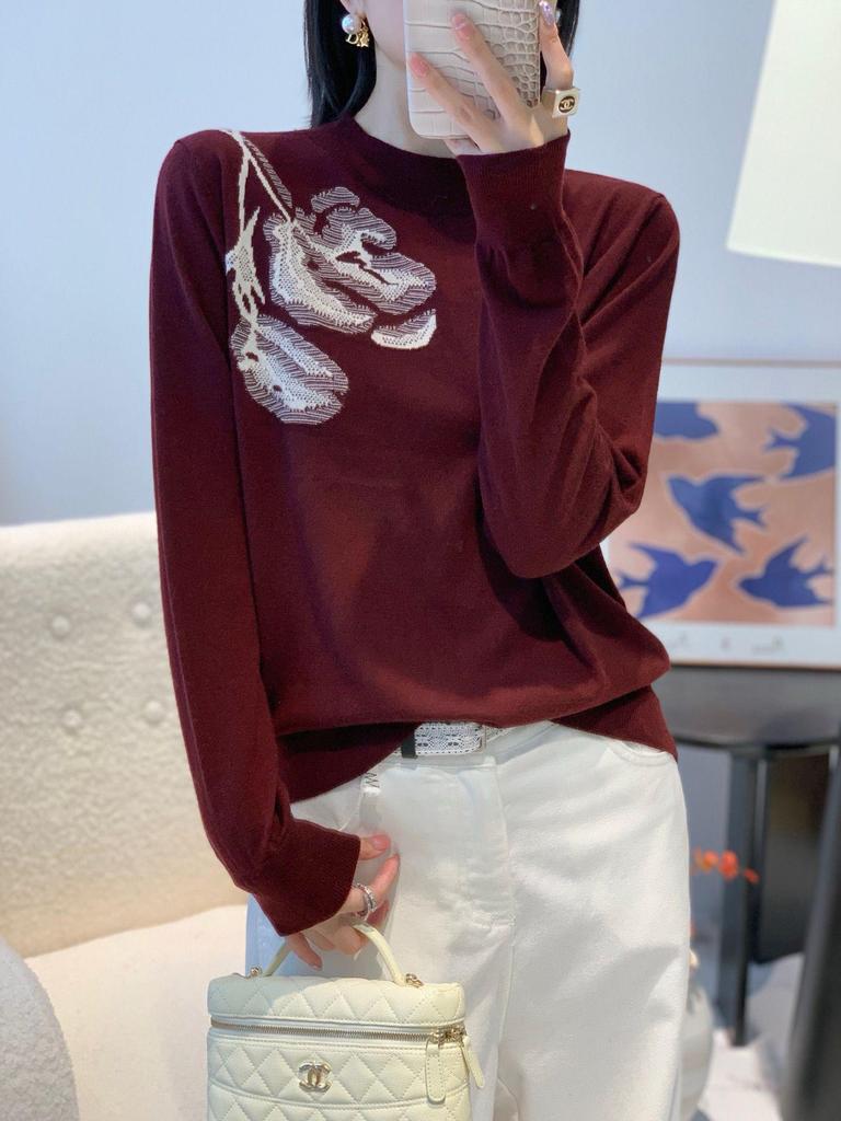 Autumn/Winter Women's Merino Wool Sweater - Long Sleeve Jacquard Top