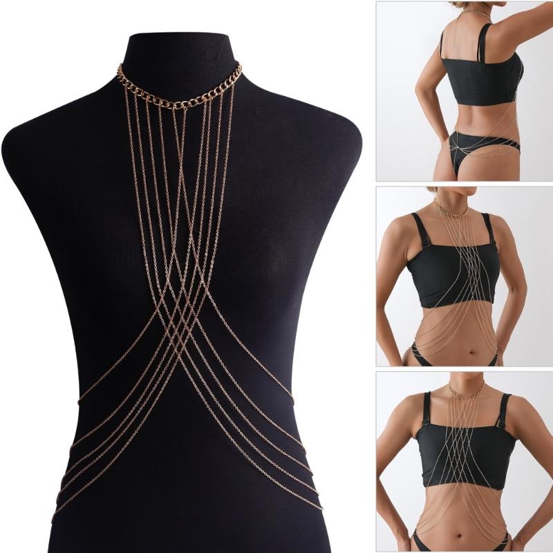 Layered Tassels Crossed Body Jewelry Gold Chest Chain For Women Music Festivals Nightclub Outings Bikini Accessories