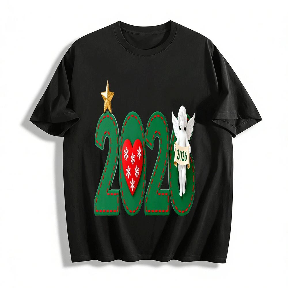 2026 New Year Christmas Heart Angel Print Casual Top Pure cotton T-shirt XXS