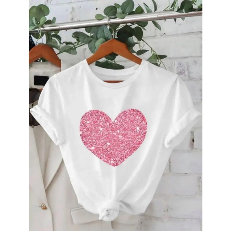 European Size Cute Graphic Tees for Women Sparkling Pink , Spring Summer Geometric Pattern, Soft Slight Stretch Pullover, Machine Washable