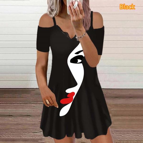 Summer 2022 Women s Off-Shoulder Short Sleeve V-Neck Printed Casual Dress Soft Dress, Clearance S чёрный