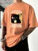 After Coffee Cat Feel Good Print Men Washed TShirt Retro Crewneck T Shirts Hip Hop Loose Clothes Summer Cotton Streetwear