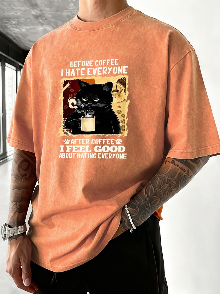 After Coffee Cat Feel Good Print Men Washed TShirt Retro Crewneck T Shirts Hip Hop Loose Clothes Summer Cotton Streetwear