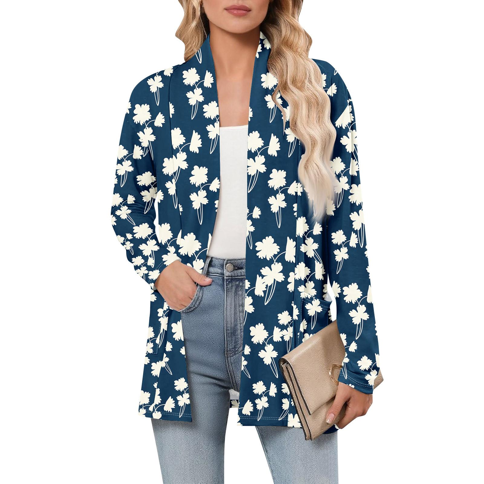 

Women s Long Sleeve Cardigan V Neck Fashion Printed Shirt Lightweight Casual Loose Thin Cardigans With Pockets M синій