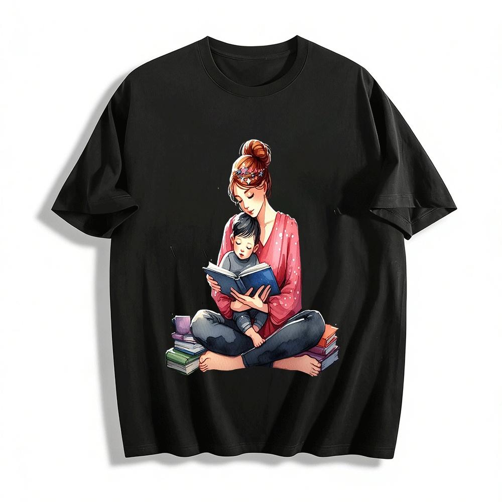 

Mom And Kid Reading Time Printed Casual Top For Adults Pure cotton T-shirt XXS
