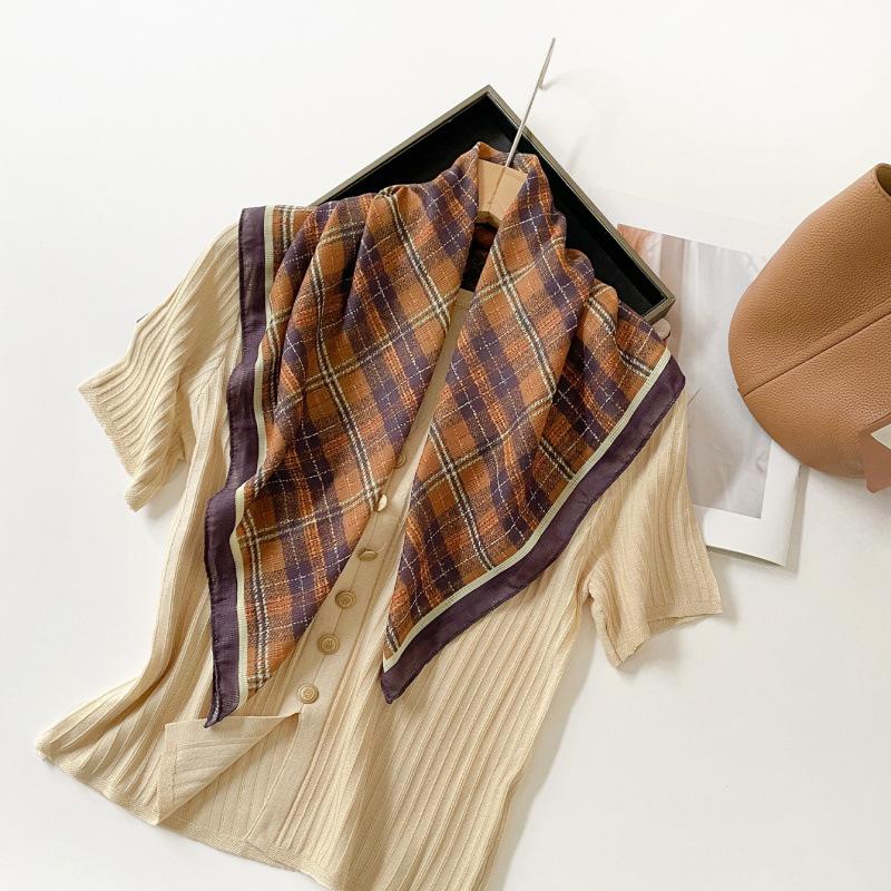 Lightweight Chiffon Silk Square Scarf Classic Plaid Check Print Bandana for Women Beach Vacation Neck Hair Headband Accessory