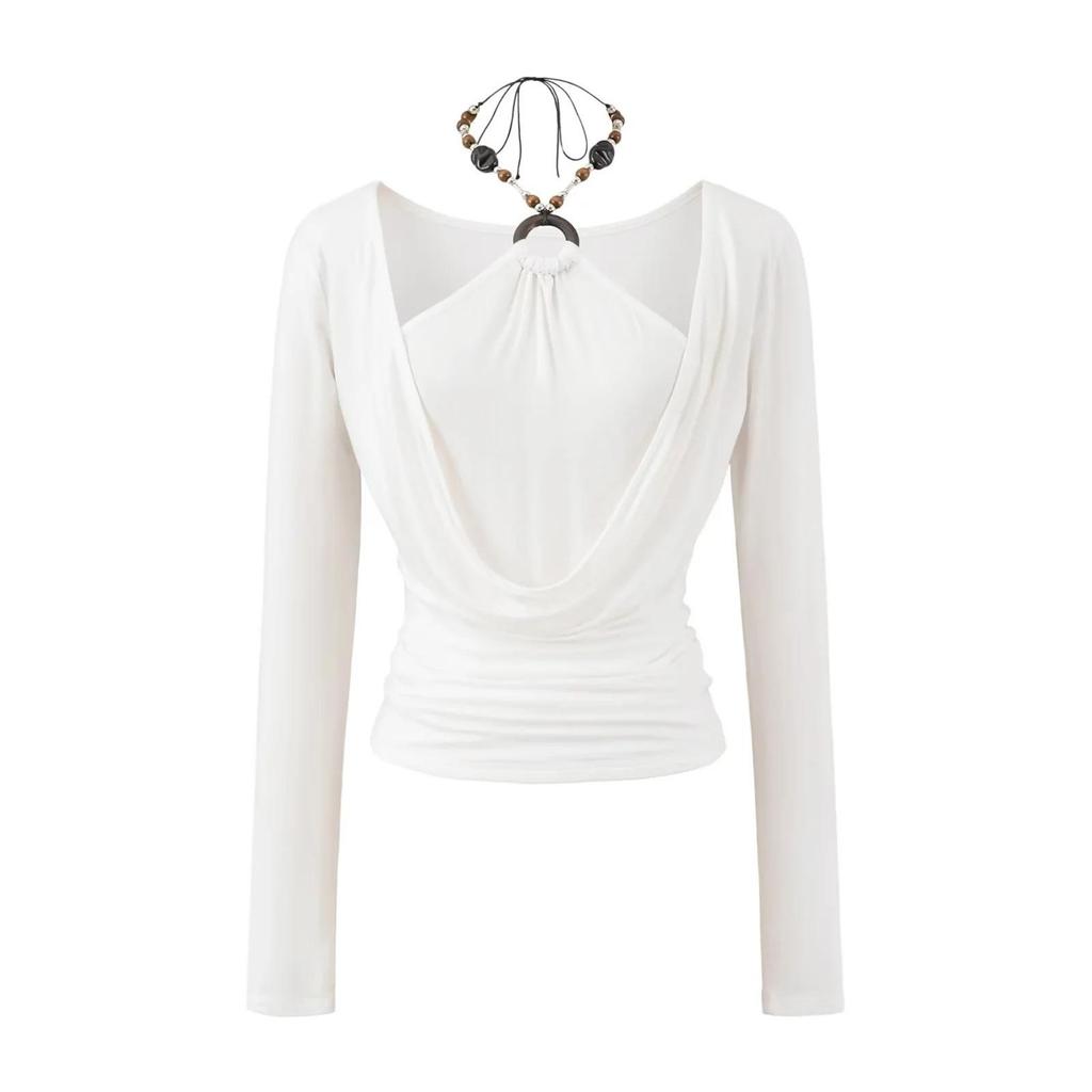 Chic Two-Piece Illusion Halter Neck Beaded Long Sleeve Ruched Top for Fall