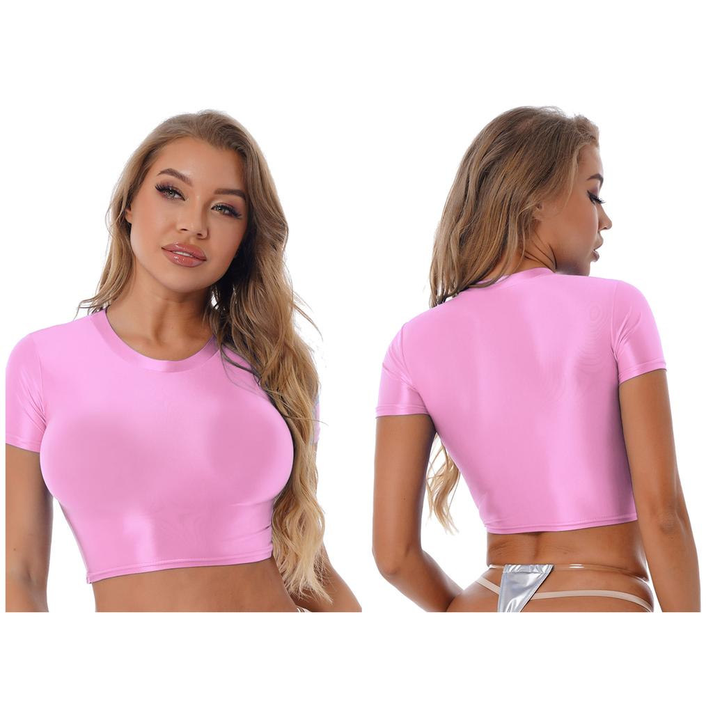 Women Crop Top Tee Short Sleeve Round Neck Slim Fit Solid Color Sportswear Yoga Running Shirt