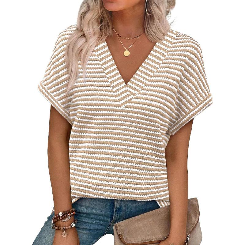 2026 Loose Women's Casual Striped Textured Short-Sleeve Summer New V-Neck Knit T-Shirt Women's Clothing