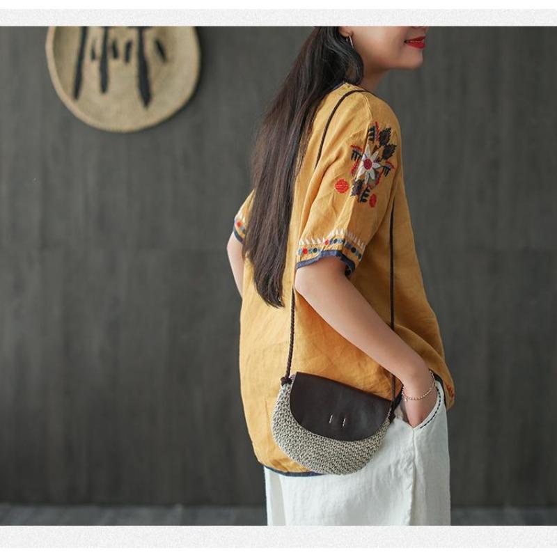 Ethnic Style Cotton and Linen Embroidered T-shirt for Women Summer Retro Loose Versatile Short-sleeved Top