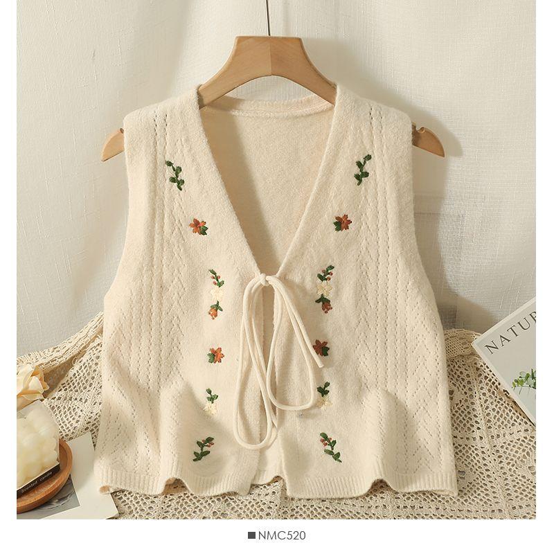 

Женский вязаный жилет лаймово-зеленого цвета с цветочной вышивкой, завязывающийся спереди, V-образный вырез, без рукавов, укороченный топ OneSize белый
