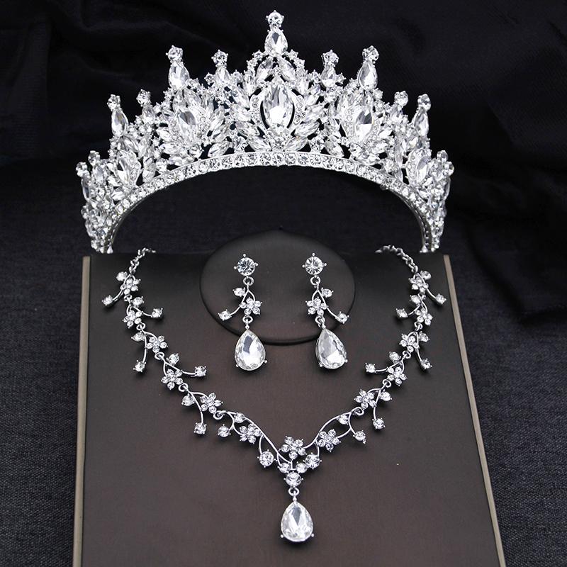 3-częściowy zestaw biżuterii ślubnej z koroną dla kobiet tiary i naszyjnik kolczyki księżniczka urodziny suknia ślubna biżuteria akcesoria