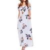 Women Summer Cold Shoulder Floral Print Elegant Maxi Long Dress Pocket Dress
