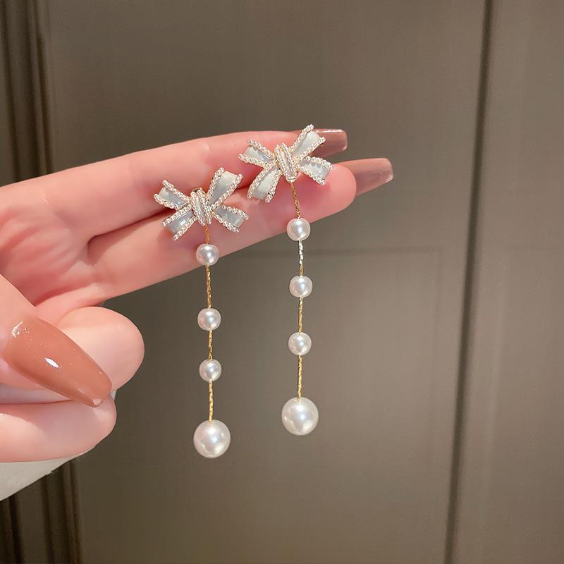 French Romantic Pearl Tassel Bow Earrings in S925 Silver
