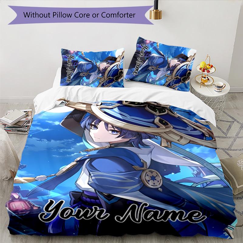 3pcs Genshin Impact4 Cover Set - Personalized Name, HD Printed Bedding with 1 Cover and 2 Pillowcases - Perfect for Home Decor, Easy Care