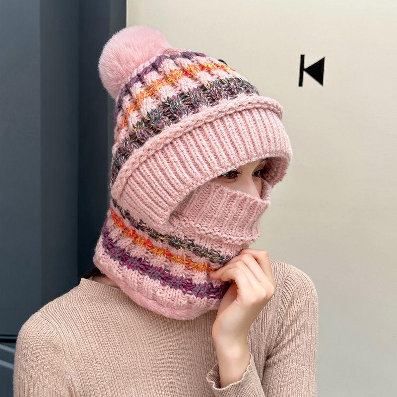 Women's Fleece Lined Thickened Hat Scarf Face Cover Integrated Hat for Autumn Winter Outdoor Cycling Windproof Warm Knitted Cap