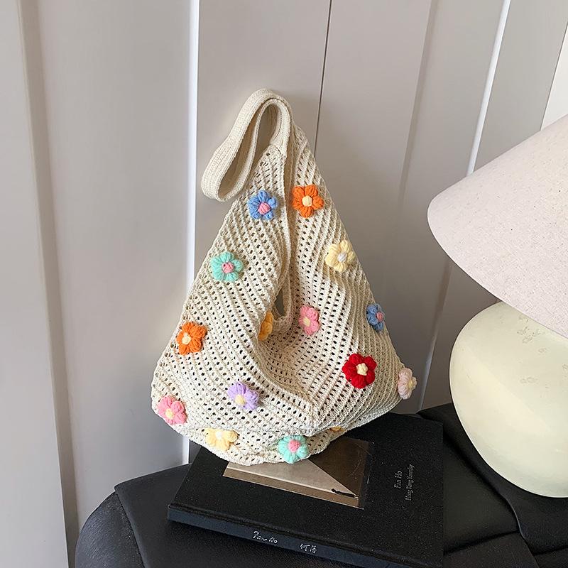 

Вязаная сумка женская большой вместимости новый нишевый дизайн летняя ажурная сумка через плечо текстурная популярная сумка-тоут бежевый