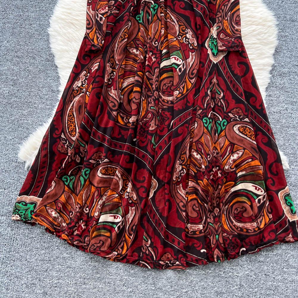 Chic sexy print mesh Ruched dress long sleeve Fairy Casual A-line autumn winter  Vestidos Women Party dress