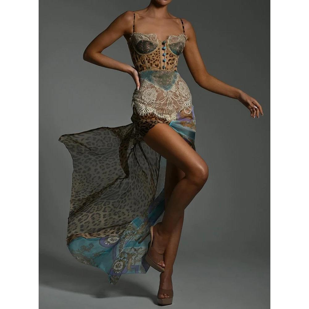 Leopard Print LaAe Split Sexy Maxi Dress Women Gown Elegant Patchwork Chiffon Sleeveless Backless Beach Evening Dress