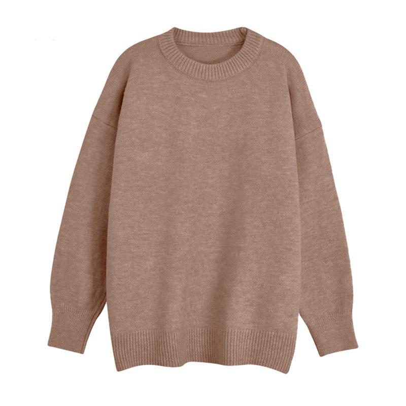 Retro Solid Color Hong Kong Flavor Round Neck Pullover Sweater Women's Autumn and Winter New Wear Loose Simple Knitted Sweater Top