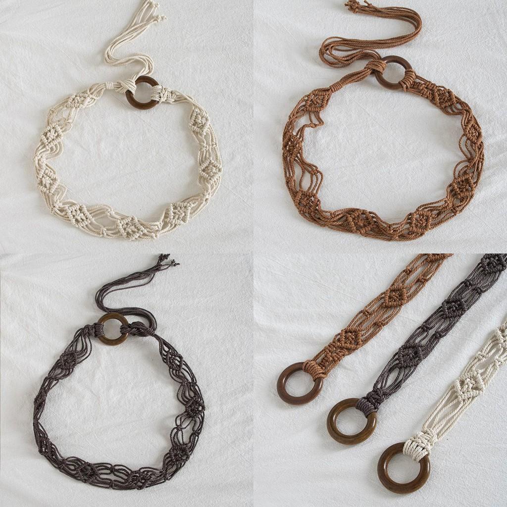 Ceinture Ethnique Bohème en Coton et Corde de Chanvre avec Fermeture Nouée Pour Tenues Rétro d'Été Plage