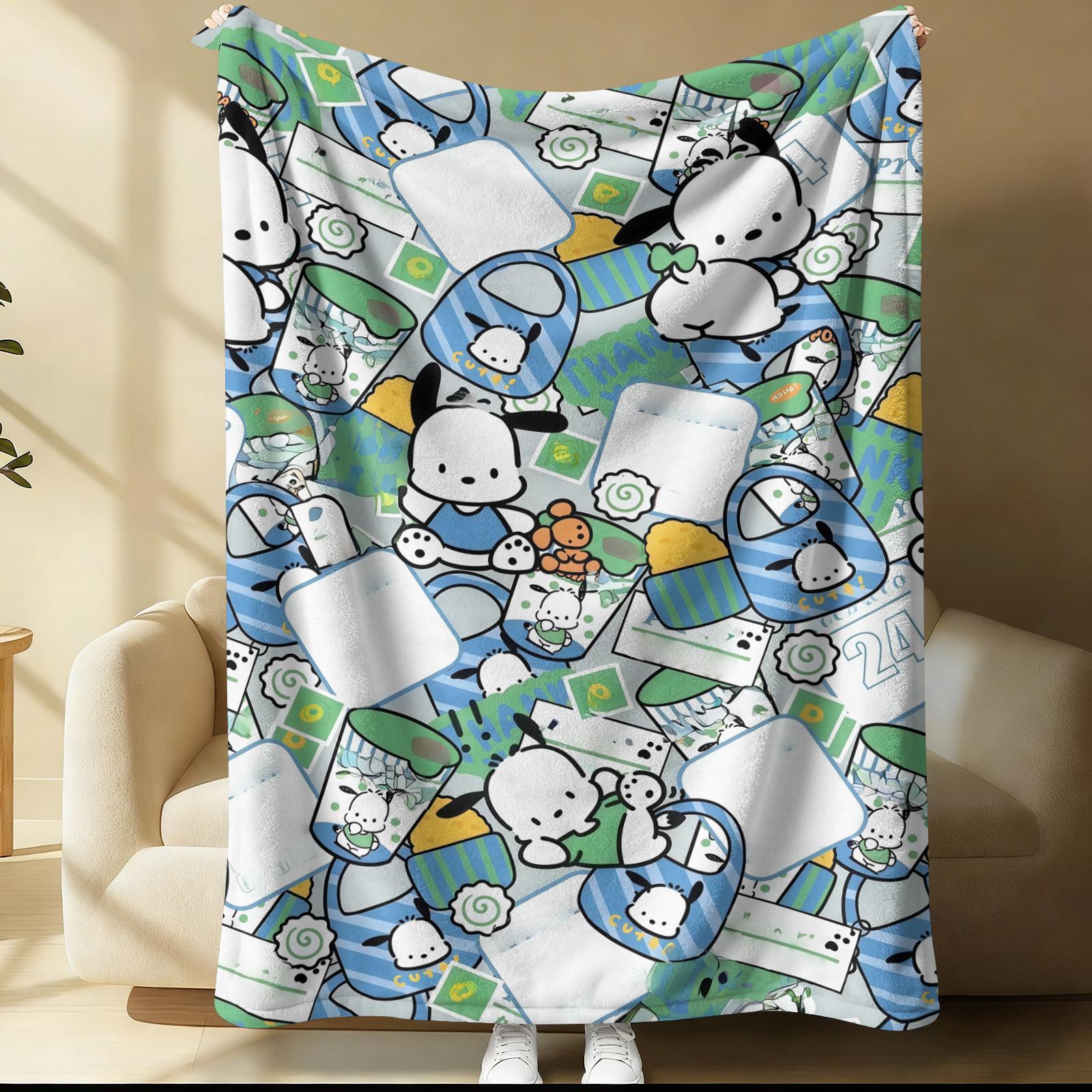 

Pochacco Green Blue Sticker Blanket Cute Kawaii Allover Pattern Flannel Plush Throw for Home Decor Bed Sofa Napping Camping 75cmx90cm