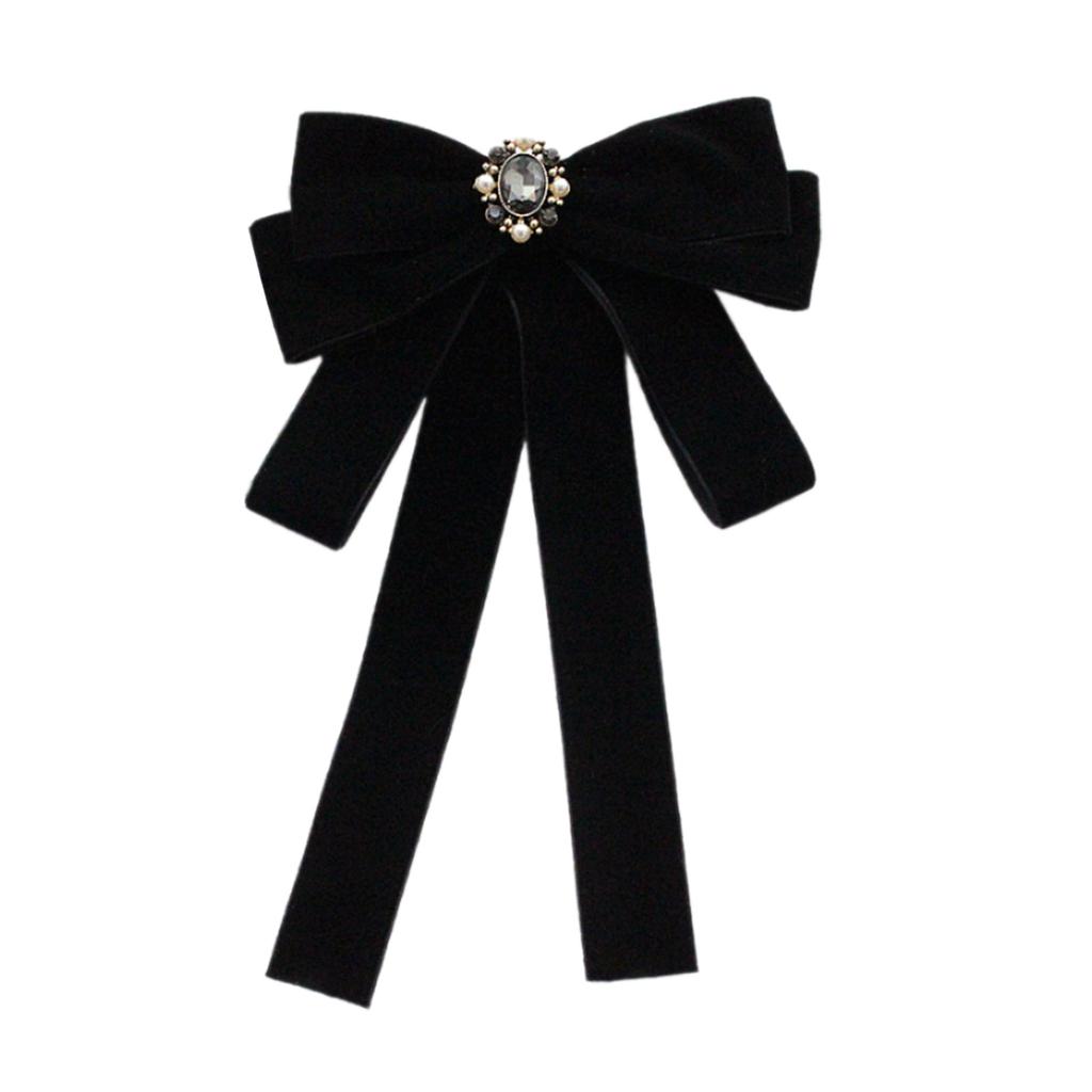Elegant Women's Velvets Bows Tie Brooch Pin Pre Tied Bowknot Necktie with Rhinestones and Pearls Decors for Formal Event