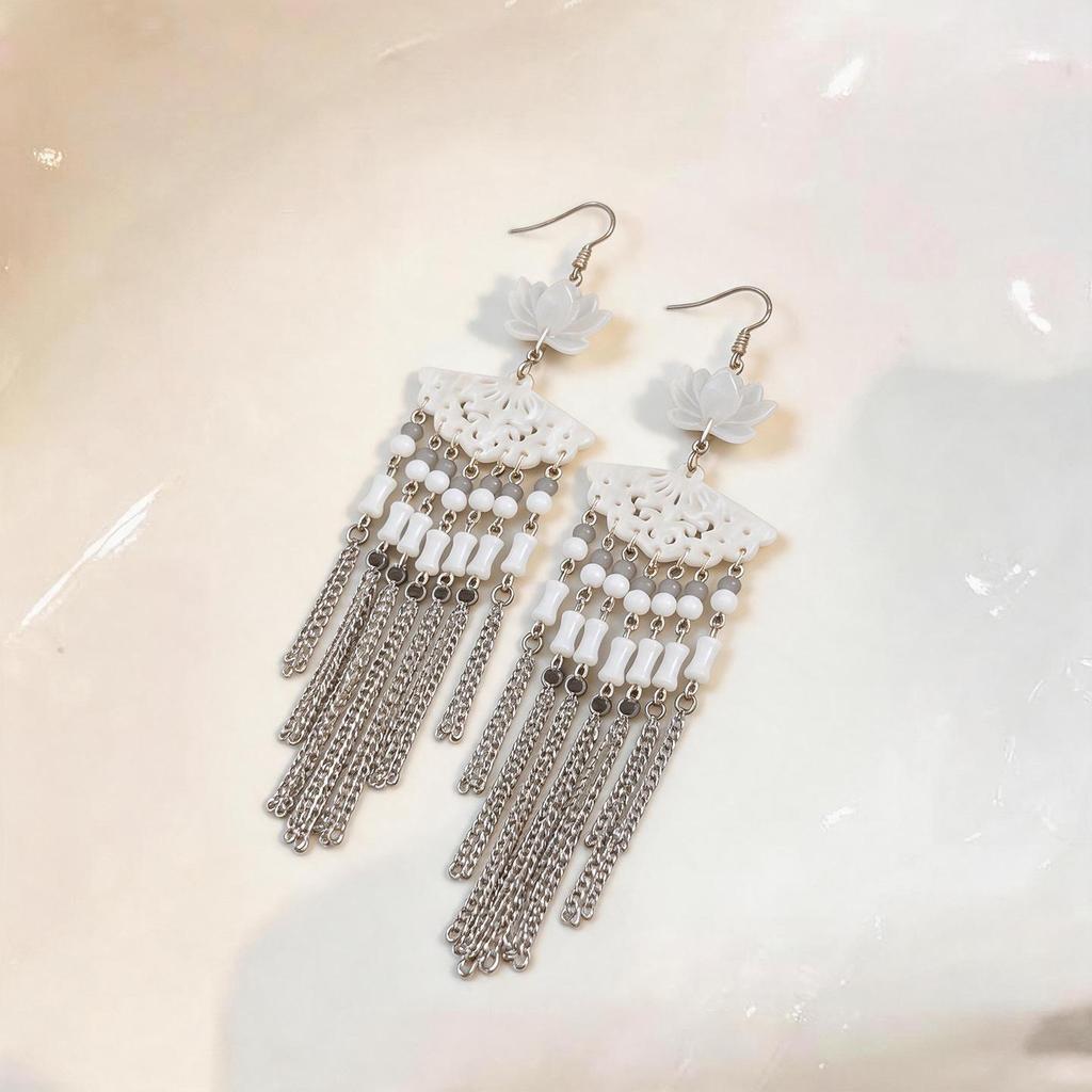 Resin Flower Fan Glass Tassel Earrings - Ethnic & Chinese Style Ear Ornaments for Women