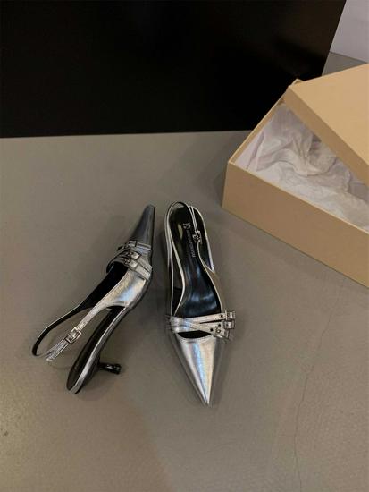 Stylish Low-Heeled High Heels for Women - Thin Heel, Pointed Toe, 2026 Spring/Summer, Silver, Black, French Closed-Toe Sandals